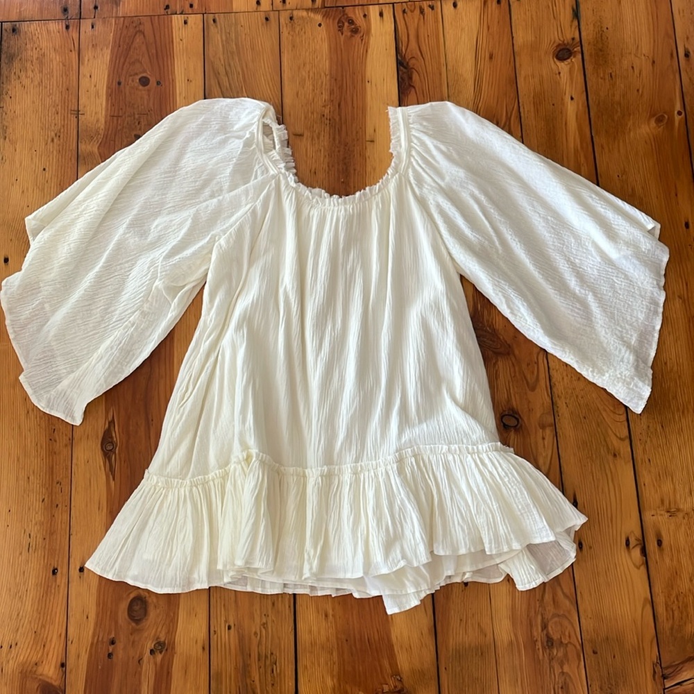 By Together White Peasant Blouse with Ruffle Hem